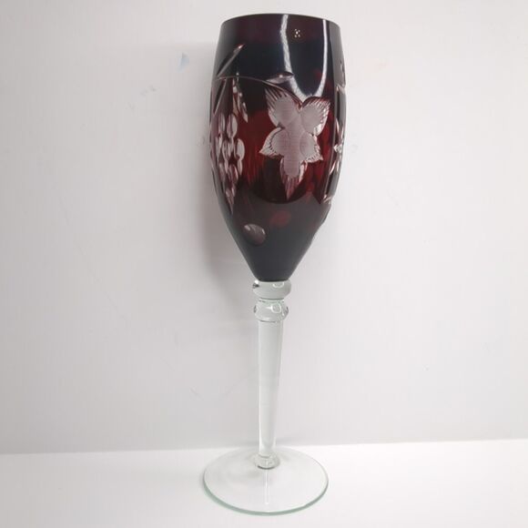 Ajka Marsala Cut Clear Crystal Tall Stem Ruby Red Champagne Flute Glasses 10" - Picture 4 of 6